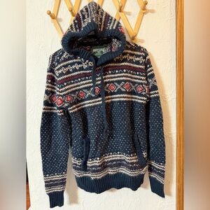 American Eagle Men's Navy Birdseye Fairisle Hoodie Sweater NEW